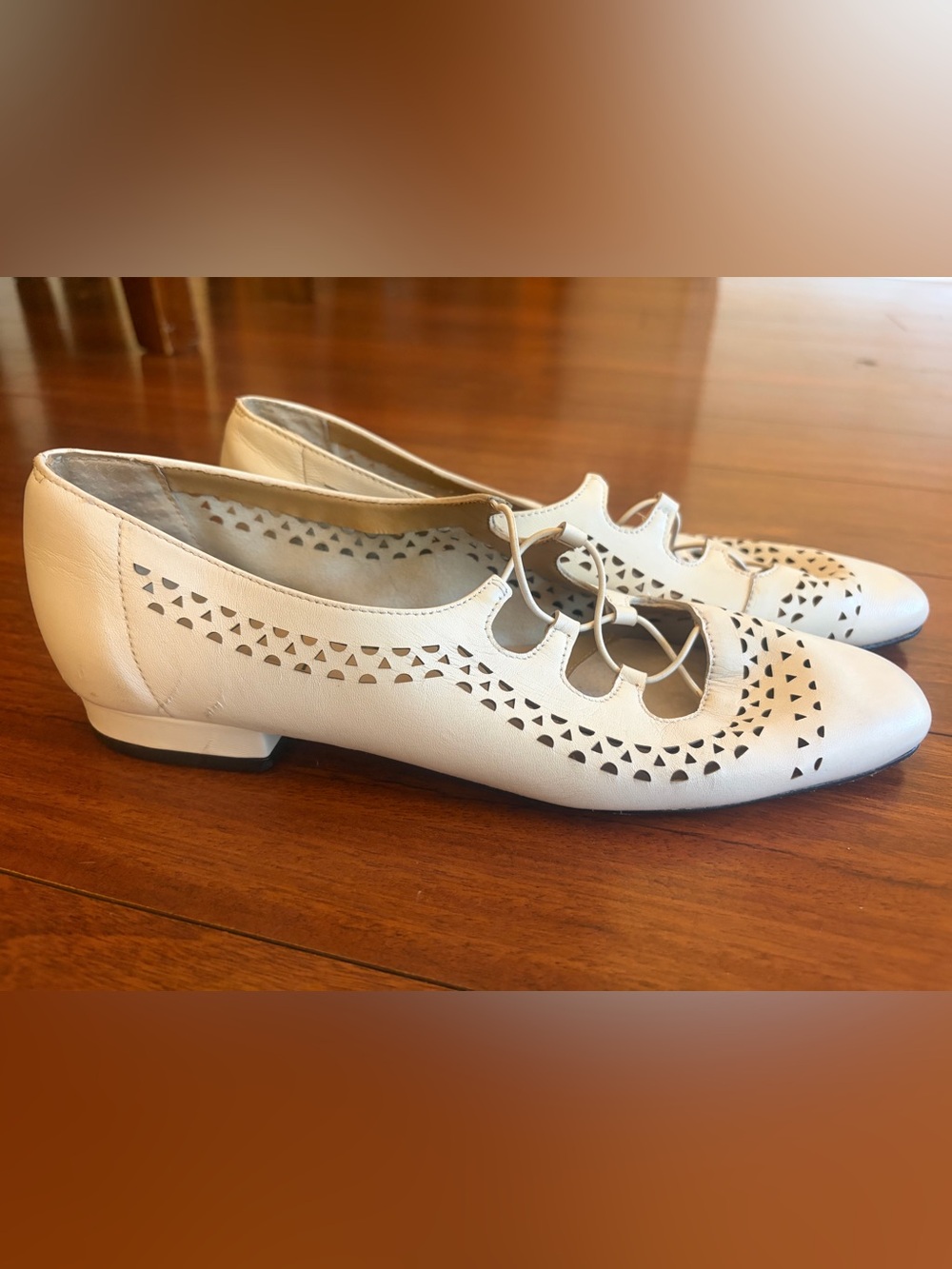 Vaneli White Leather Laser-Cut Lace-Up Flats